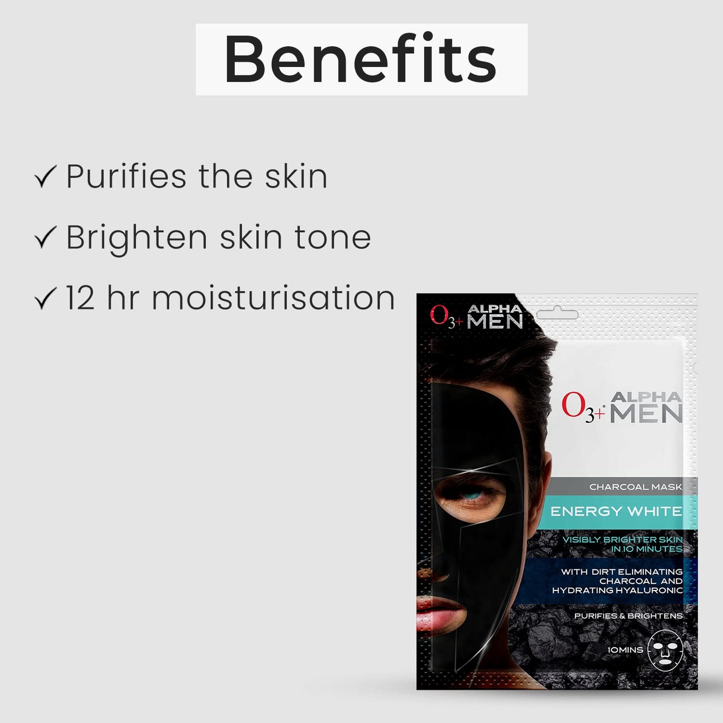 O3+ ALPHA MEN Energy White Charcoal Face Sheet Mask 30g with Charcoal & Hydrating Hyaluronic to Purify & Brighten Skin