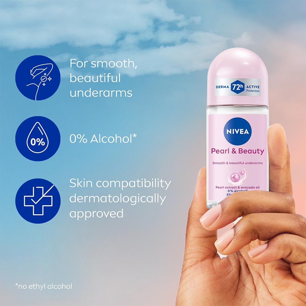NIVEA Pearl and Beauty 50ml Deo Underarm Roll On | With Pearl Extracts & Avocado Oil | 72 H Long Lasting Floral Scent | 0% Alcohol and Dermat Approved | For Women