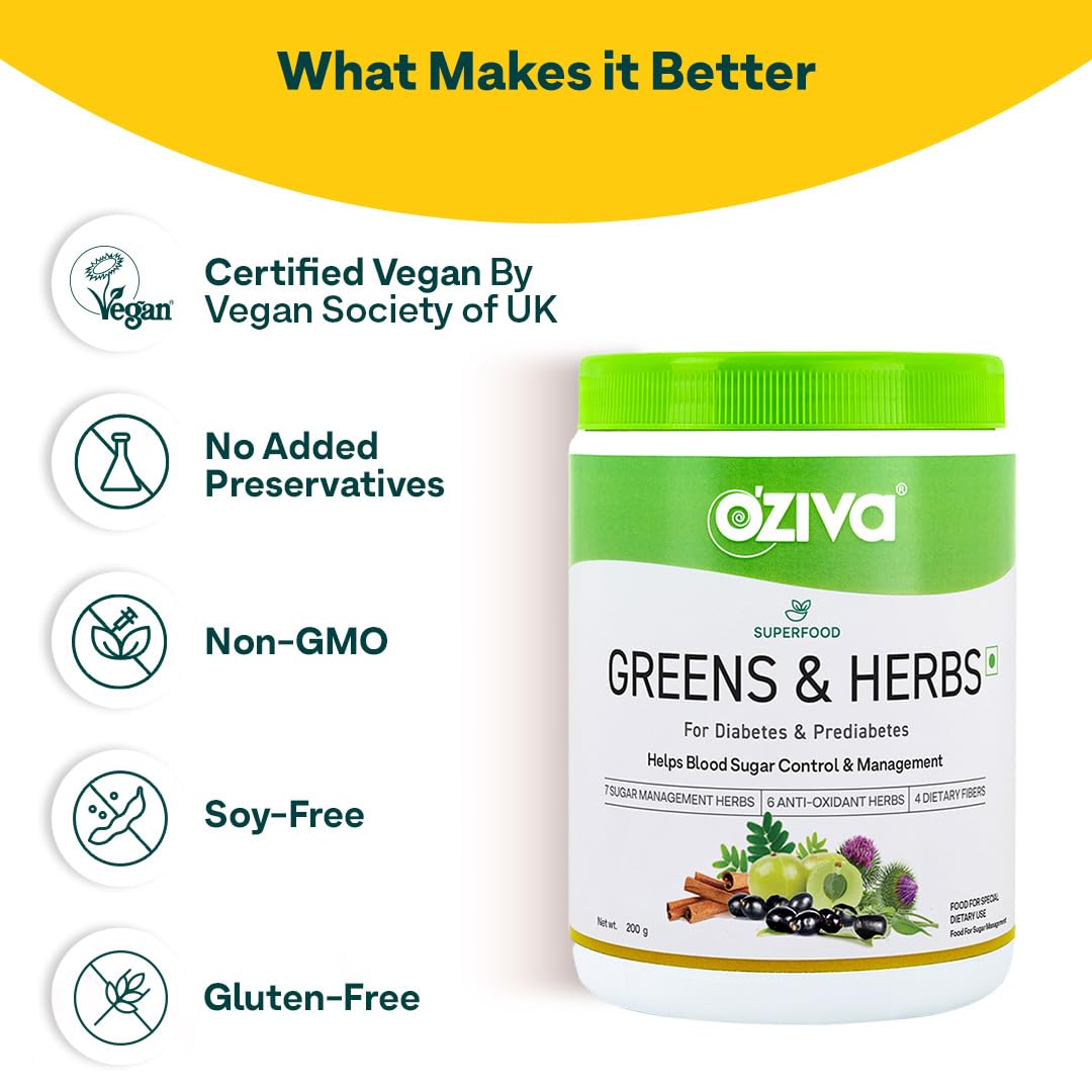 OZiva Superfood Greens & Herbs for Diabetes and Prediabetes Powder, 200g| OZiva Greens & Herbs for Sugar Control and Diabetes Management (with Moringa, Milk Thistle, and Fenugreek)
