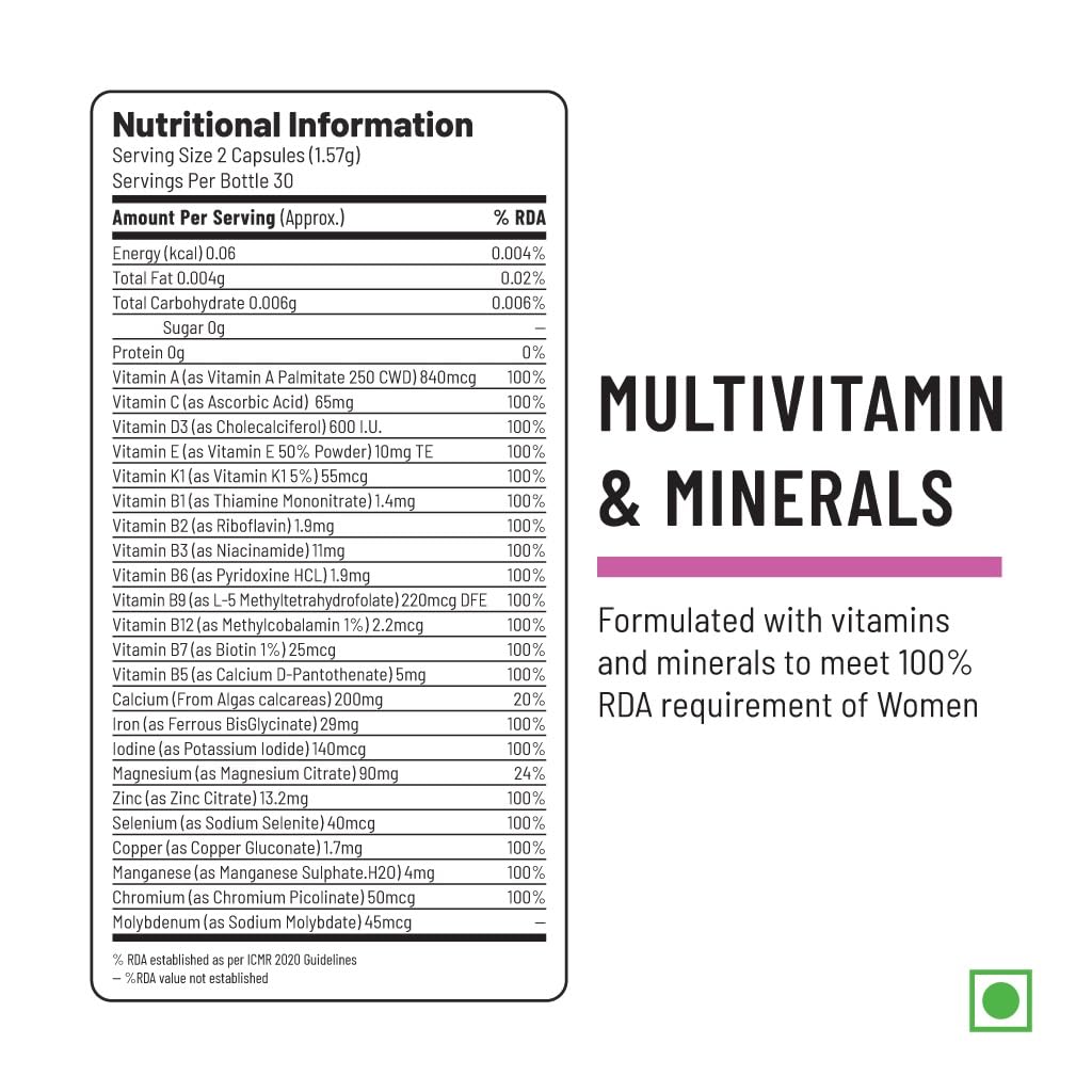Zephivo Unived Basics Multivitamin & Minerals For Women, 100% Rda Of All Vitamins With Algae Calcium & Plant-Based Vitamin D3 Plus Important Minerals, Complete Formulation For Health & Wellbeing - Capsule
