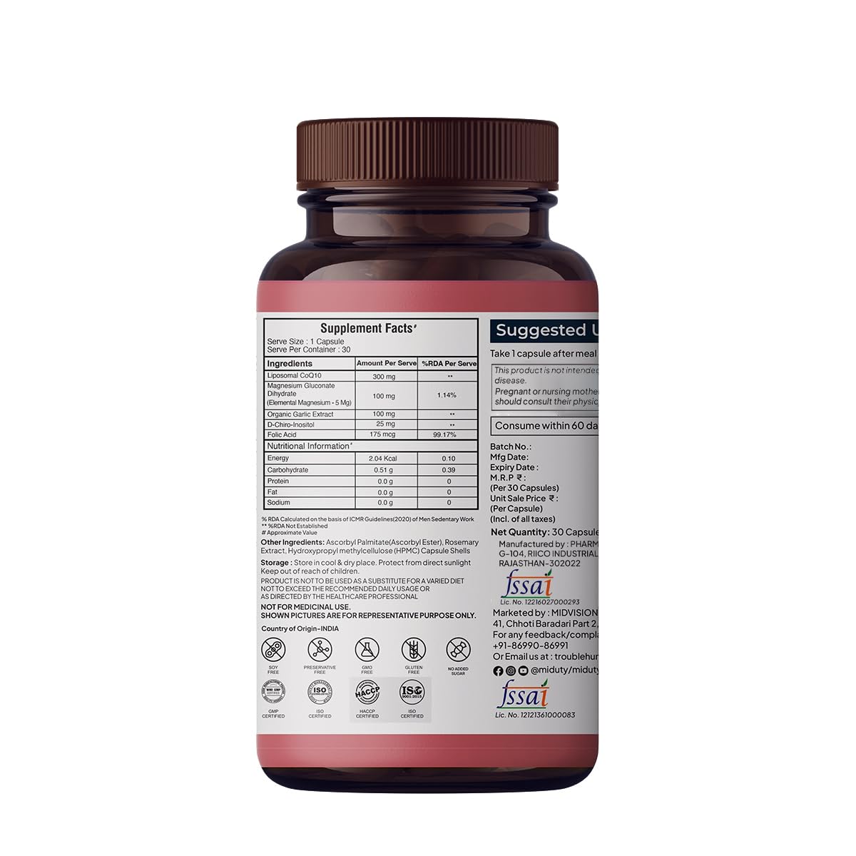 Zephivo Miduty by Palak Notes Happy Heart - Liposomal CoQ10 - Heart Health Supplement - Methyl Folate - D-Chiro-Inositol - Blood Pressure Control, Healthy Skin, Heart Health & Kidney Health - 30 Capsules