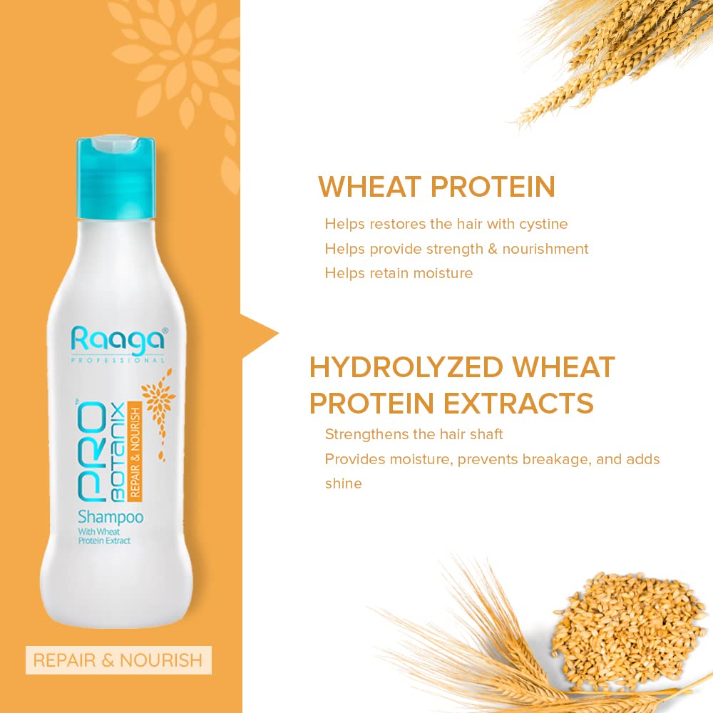 Raaga shampoo bottle with wheat protein text and images on an orange background