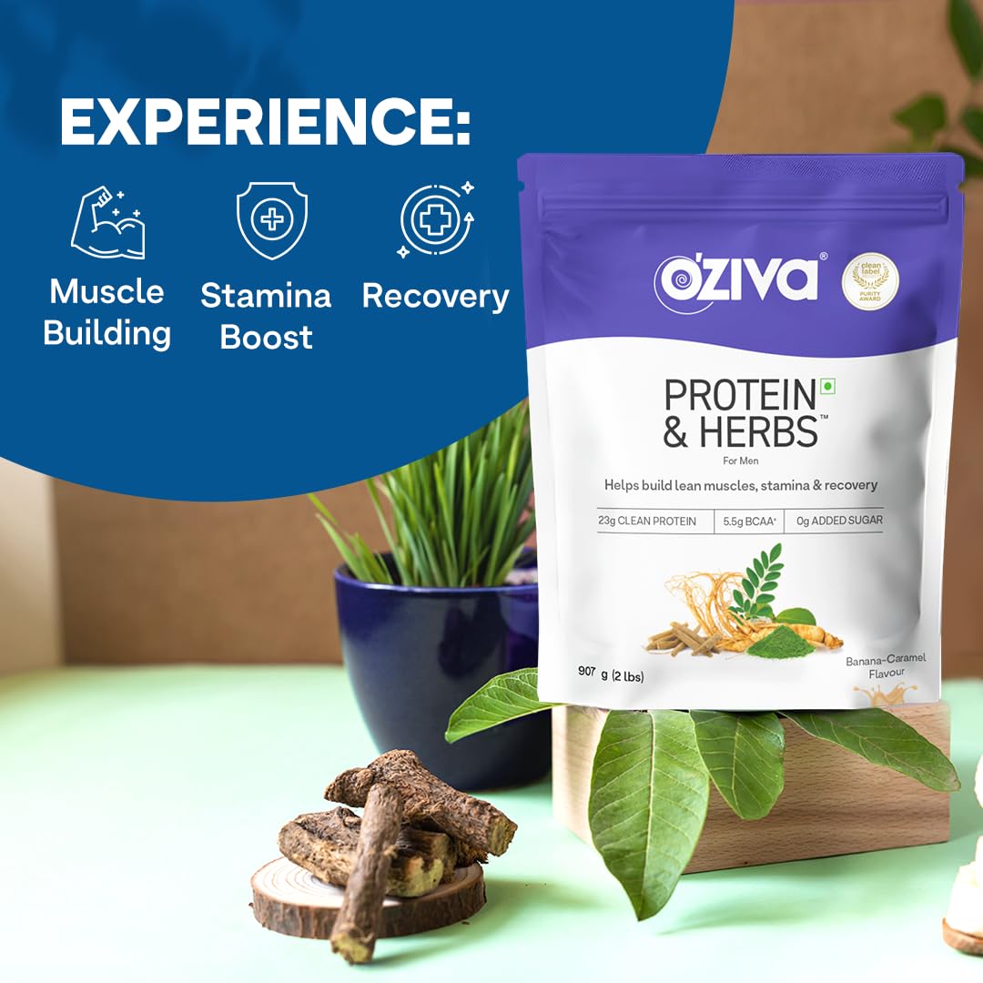 OZiva Protein & Herbs for Men (Banana Caramel) I Muscle Building, Stamina & Recovery | Clean Protein, Shatavari, Green Tea I No Added Sugar, 2lbs (907gm)