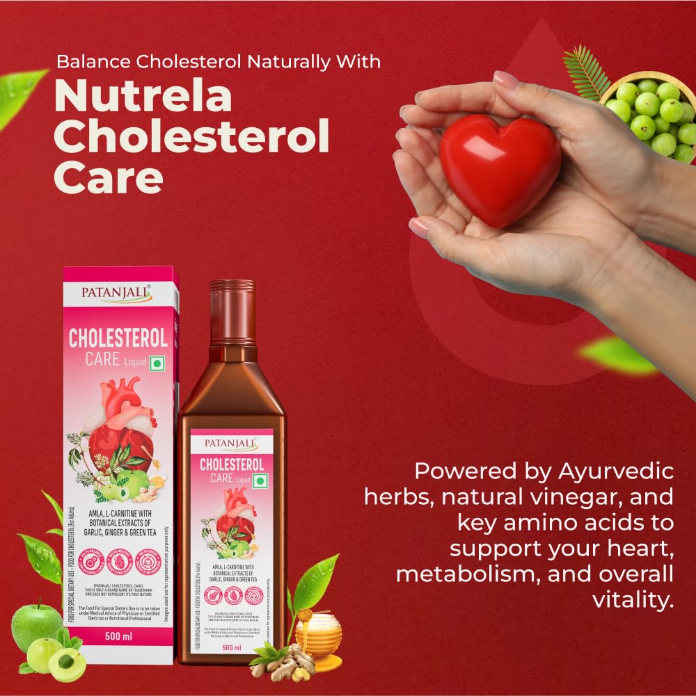 NUTRELA Patanjali Cholesterol Care Liquid | Heart Health Supplement with Amla, L-Carnitine & Garlic | Plant-Based & Vegetarian | 500 Ml
