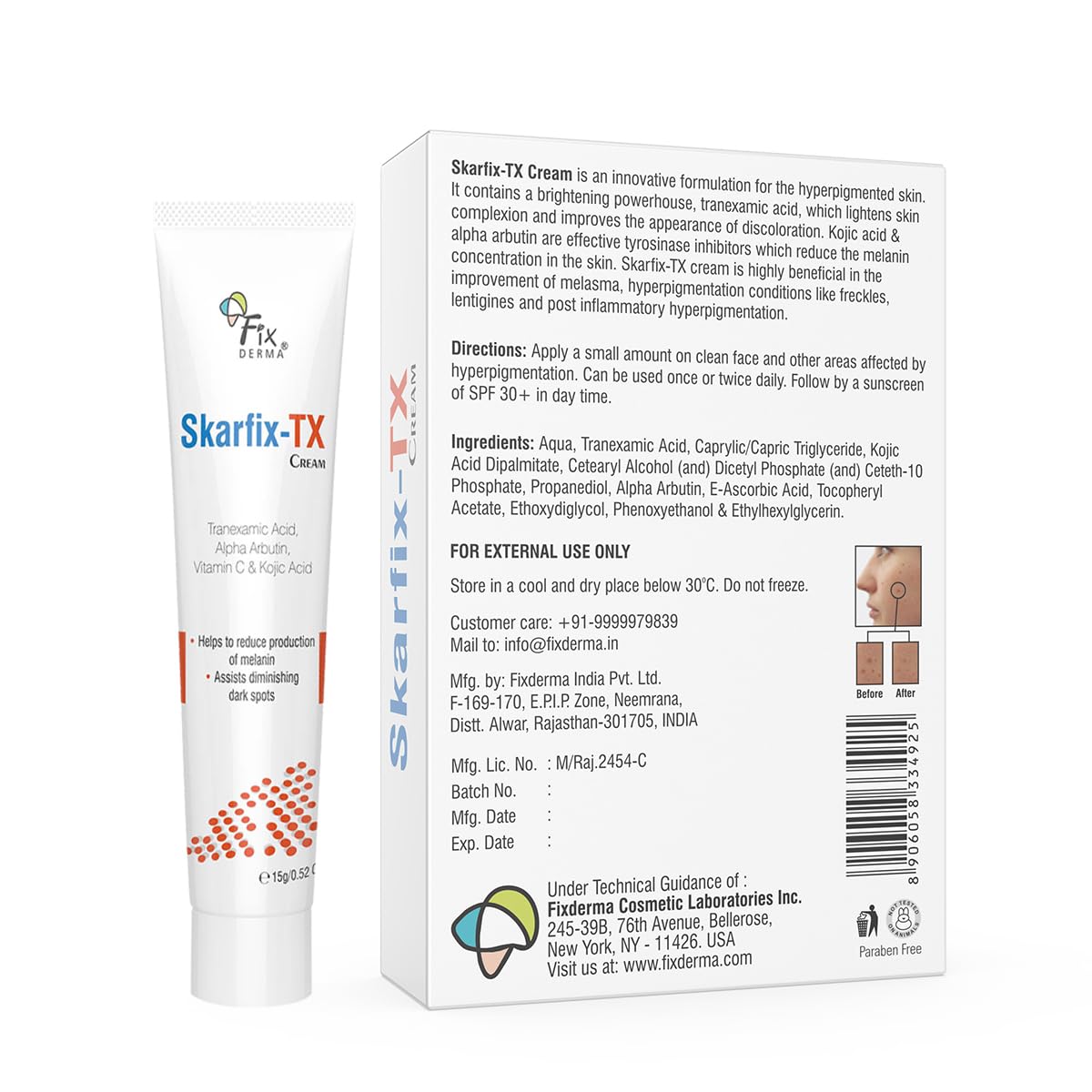 Fixderma Tranexamic Acid + 2% Kojic Acid + 1% Arbutin SKARFIX -TX Face Cream | Pigmentation Removal Cream | Kojic Acid | Uneven Skin Tone - 15 gm (Pack of 1)