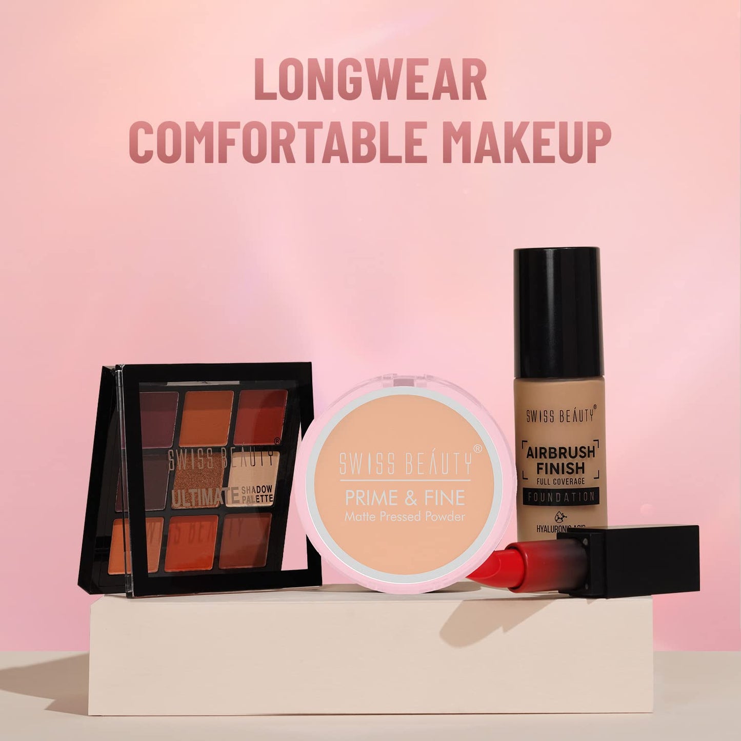 Makeup products including a palette, compact, and bottle with 'Longwear Comfortable Makeup' text on a pink background.