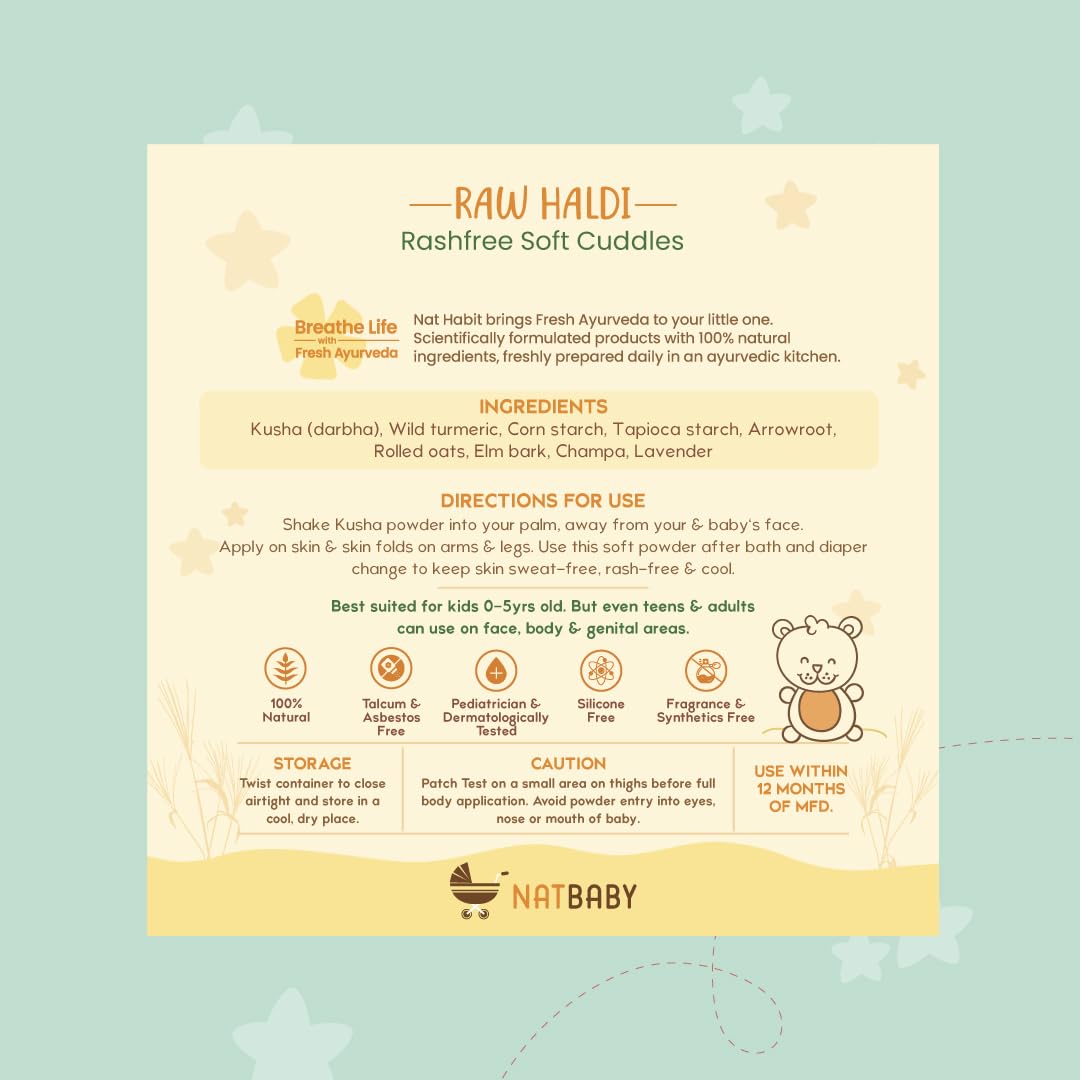 Nat Habit Everyday Talc Free Raw Haldi Kusha Baby Powder, Chemical Free & Rashfree, 0-5 Yrs - (150 g)