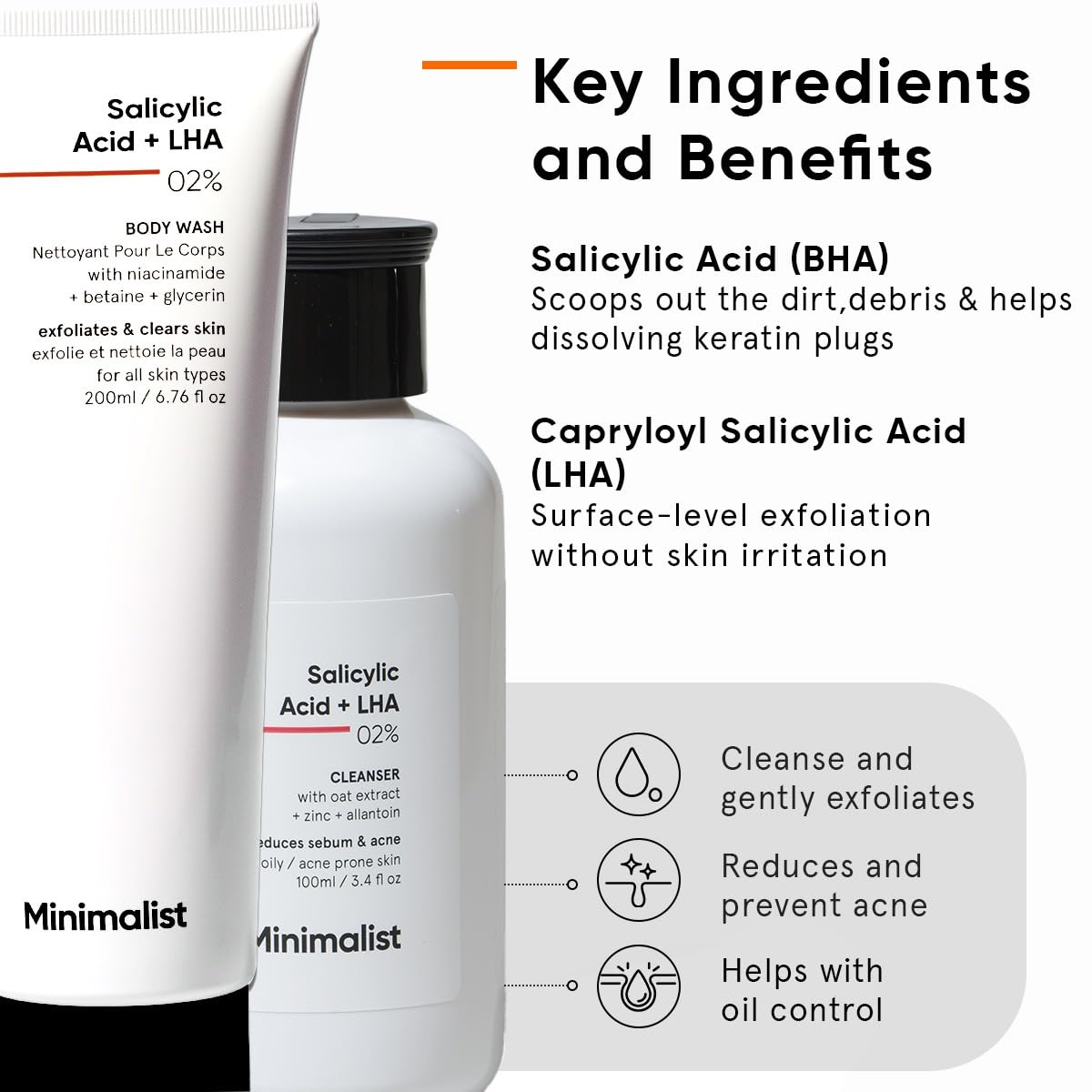Minimalist Salicylic Acid Face Wash and Body Wash Combo | Anti Acne Cleanser + Shower Gel | For Oily, Acne-Prone Skin | Sulphate (SLS), Dye, & Fragrance Free | For Women & Men