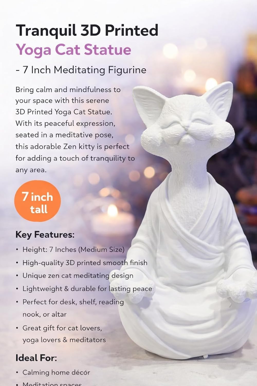 Meditation Cat Statue White | 3D Printed Yoga Cat Figurine | Sitting Cat Sculpture with Serene Expression | Aesthetic Home Décor Showpiece & Gift Item