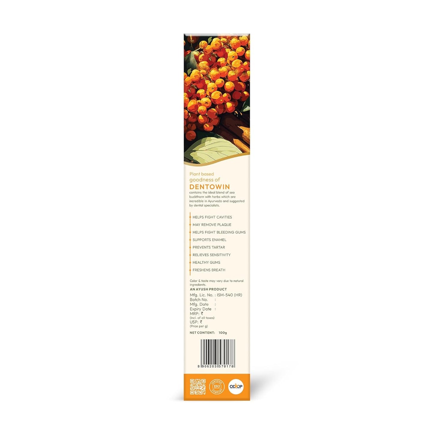 Wellwith(Ayuzera) DentoWin(100g, Pack of 1) Herbal Gum Care Toothpaste with Himalayan Sea Buckthorn Berry, Tulsi & Neem, Teeth Whitening - Natural Formula, No Fluoride