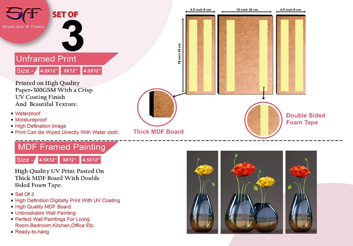 paintings 3 Panel MDF Wall Painting – Red & Yellow Flower Vase Design | Decorative Modern Art for Living Room, Bedroom, Hallway & Office | Set of 3 Vertical Wall Panels paintings