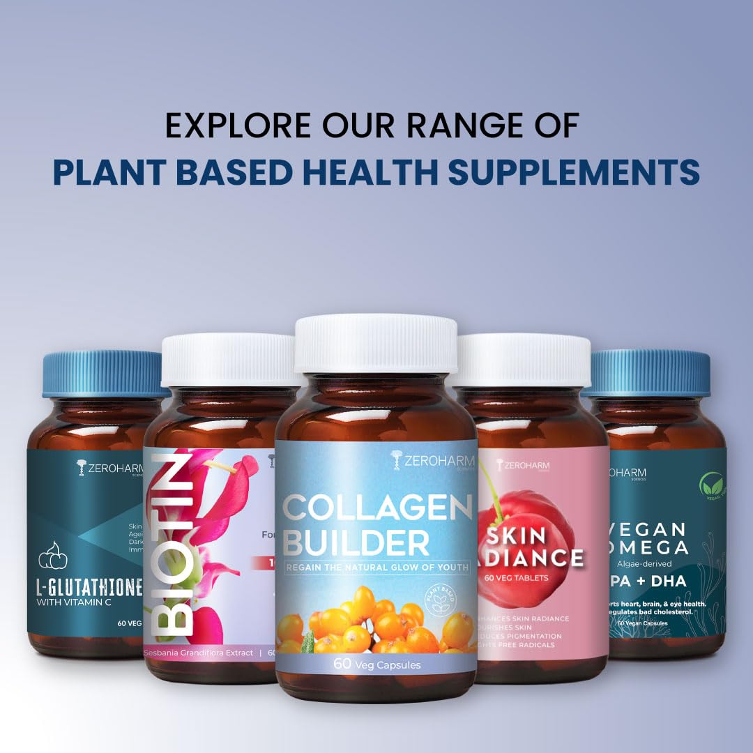 ZEROHARM Collagen Builder with Seabuckthorn, Vitamin C, Panax Ginseng & Biotin | Veg Collagen for Skin, Hair, & Joints | Plant-based Supplement for Youthful Skin | 60 Capsules