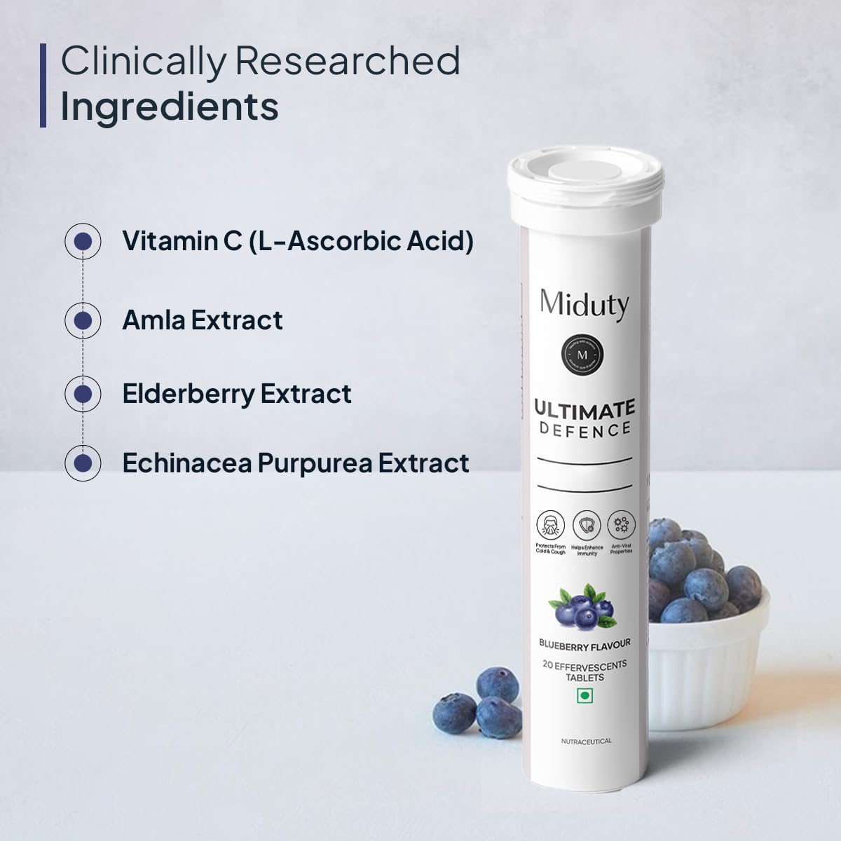 Zephivo Miduty By Palak Notes Ultimate Defence - Amla Extract - Vitamin C - Wheatgrass - Immune Support Booster - Blueberry flavour - 20 effervescent tablets