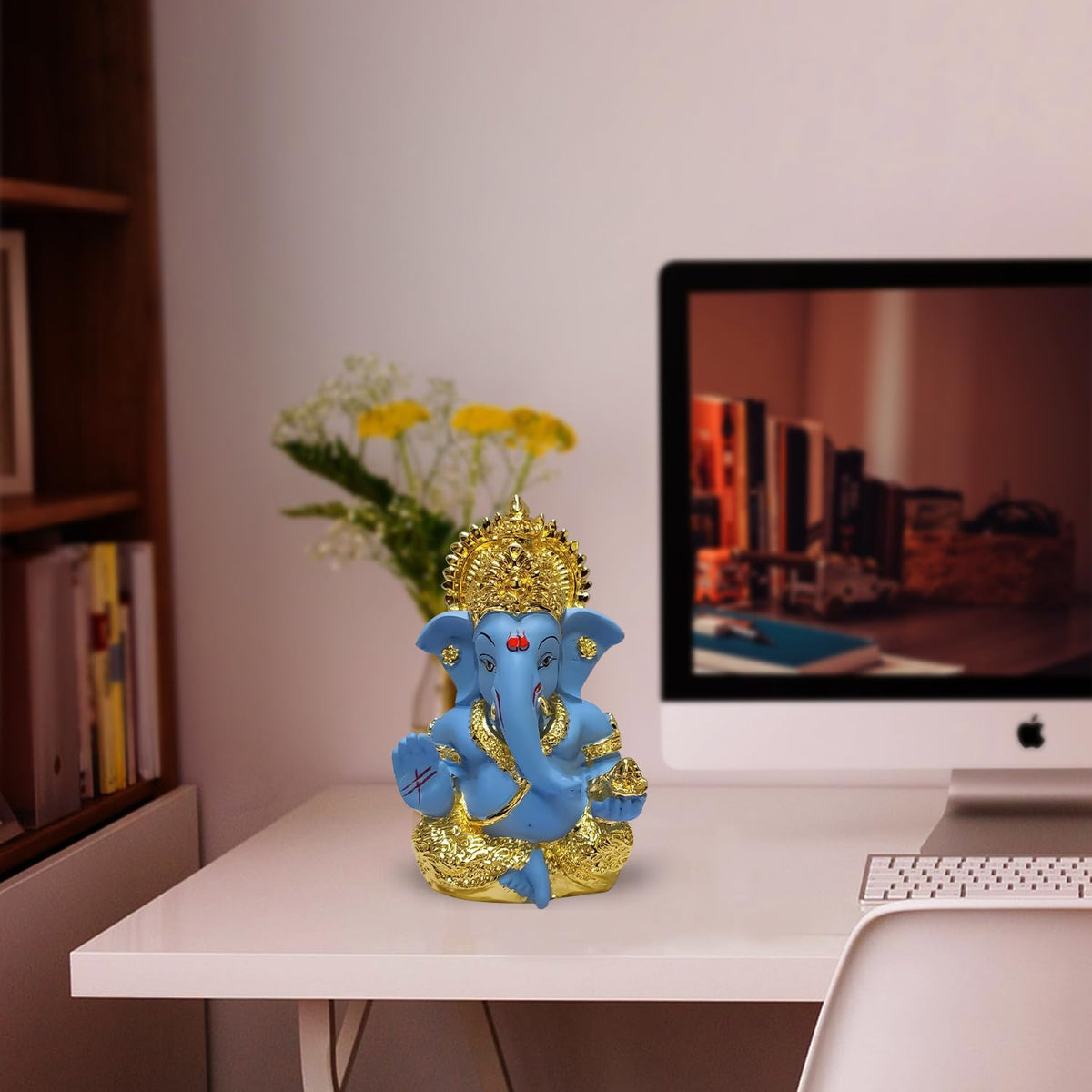 Gold Plated Lord Ganesha Idol for Home Decor Puja, Office & Home Shelves, Diwali Puja, and Gifting |Ganpati Murti Sculpture & Religious 3.5 Inches (8.89 x 5.08 cm) (Mukut Gold Blue)