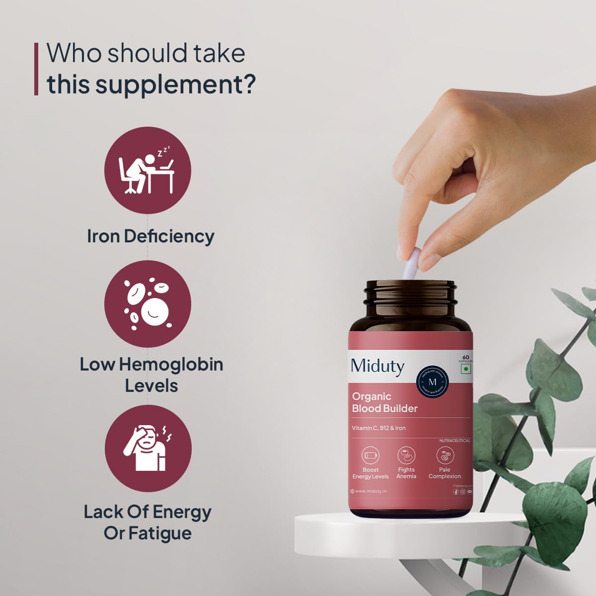 Zephivo Miduty by Palak Notes Organic Blood Builder, Anemia Supplement, Green Amla, Barley Leaves, Beet Root, Organic Iron Supplement, Hemoglobin Booster, Increase HB, Organic Blood Builder Pack - 60 Caps