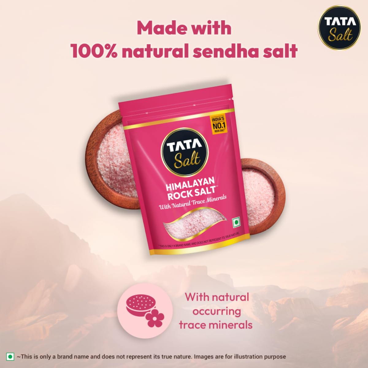 Tata Himalayan Rock Pink Salt, 1kg Pouch, Premium Sendha Namak, With Natural Trace Minerals, Low Sodium, Crystal Salt