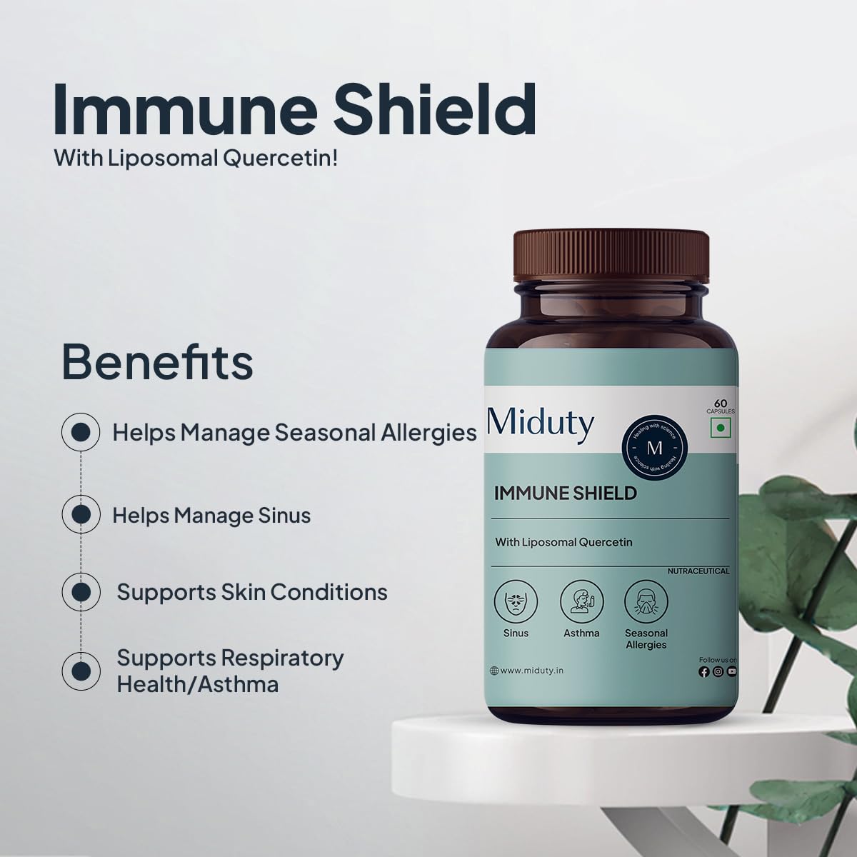 Zephivo Miduty by Palak Notes Immune Shield Bromelain For Seasonal Allergies, Boost Immunity, Nasal Drip, Difficulty Breathing, Nasal Congestion - Asthma - Allergy Medicine, Anti-Inflammatory - 60 Caps
