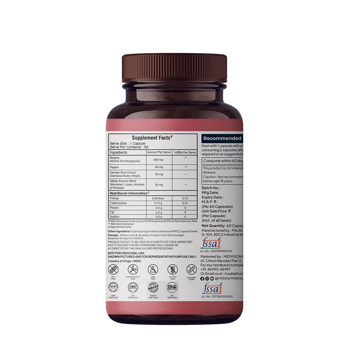 Zephivo Miduty by Palak Notes Betaine HCL + Pepsin, Betaine HCL Pepsin Capsules Pepsin for Digestion Acidity & Indigestion Betaine HCL Supplement - 60 Capsules