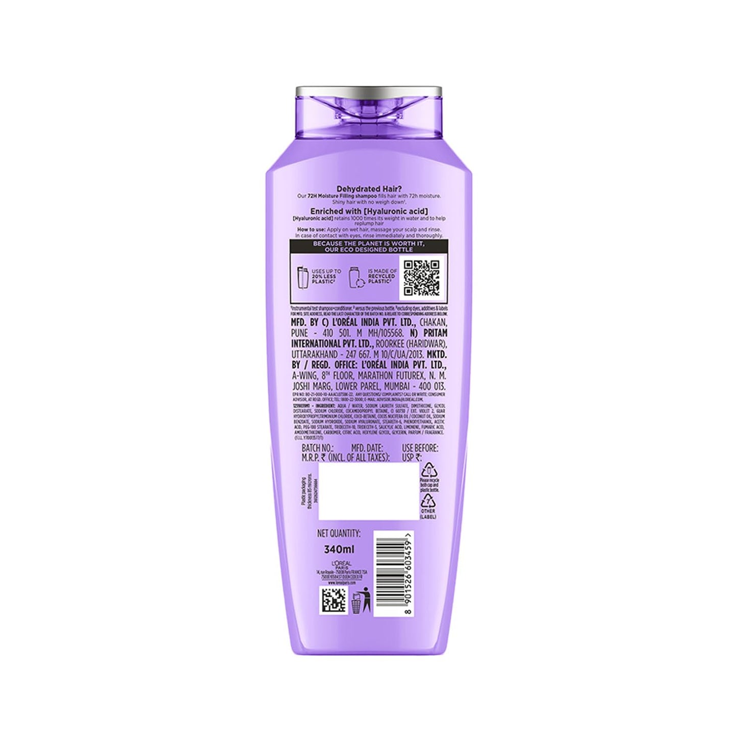L Oréal Paris Moisture Filling Shampoo, With Hyaluronic Acid, For Dry & Dehydrated Hair, Adds Shine & Bounce, Hyaluron Moisture 72H, 340Ml.