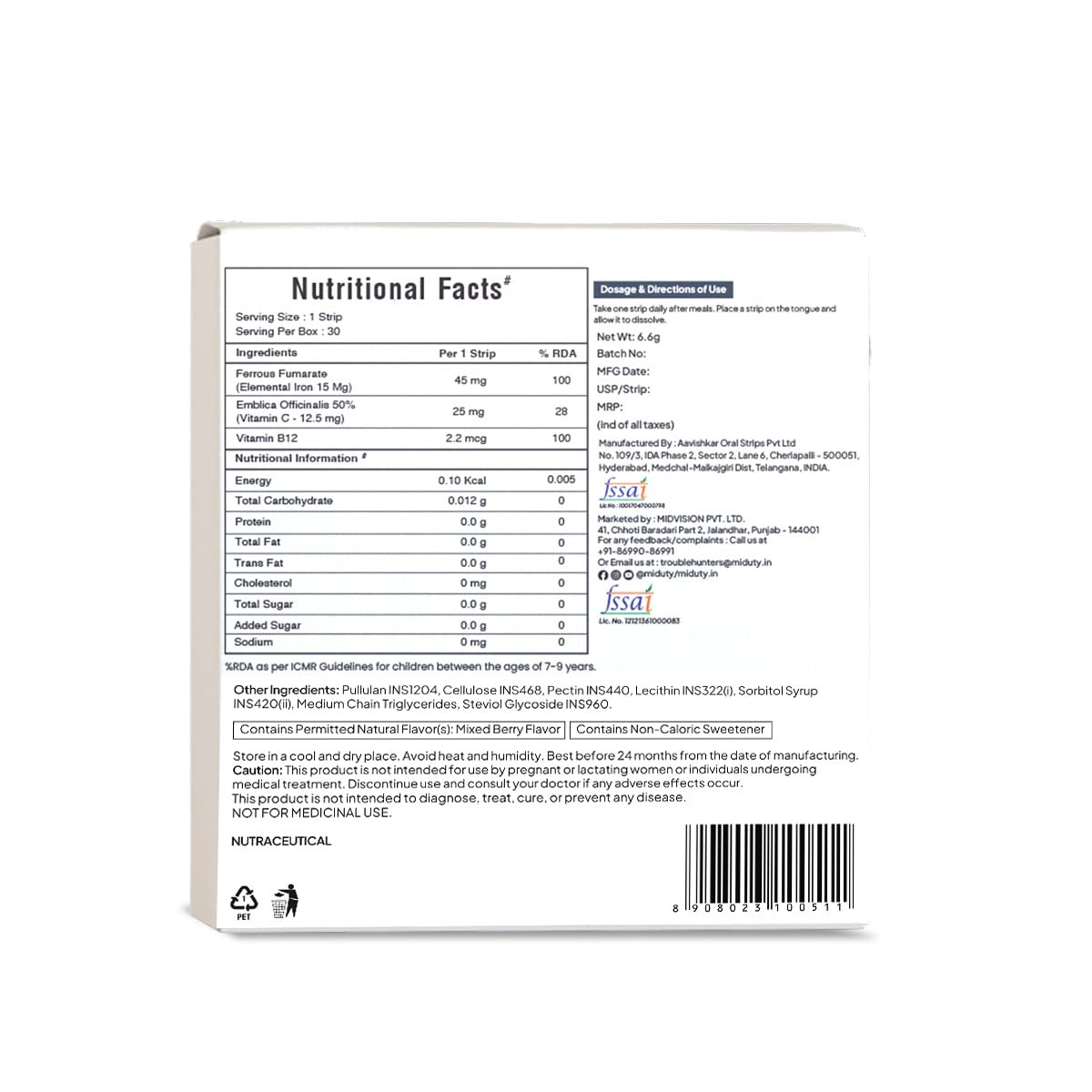 Zephivo Miduty by Palak Notes Kids Iron Strips for Kids - Dissolvable Strips for better Iron absorption - Energy Boost - Iron Supplement with Vitamin C & Vitamin B12 - Mixed Berry Flavour - 30 Oral Strips