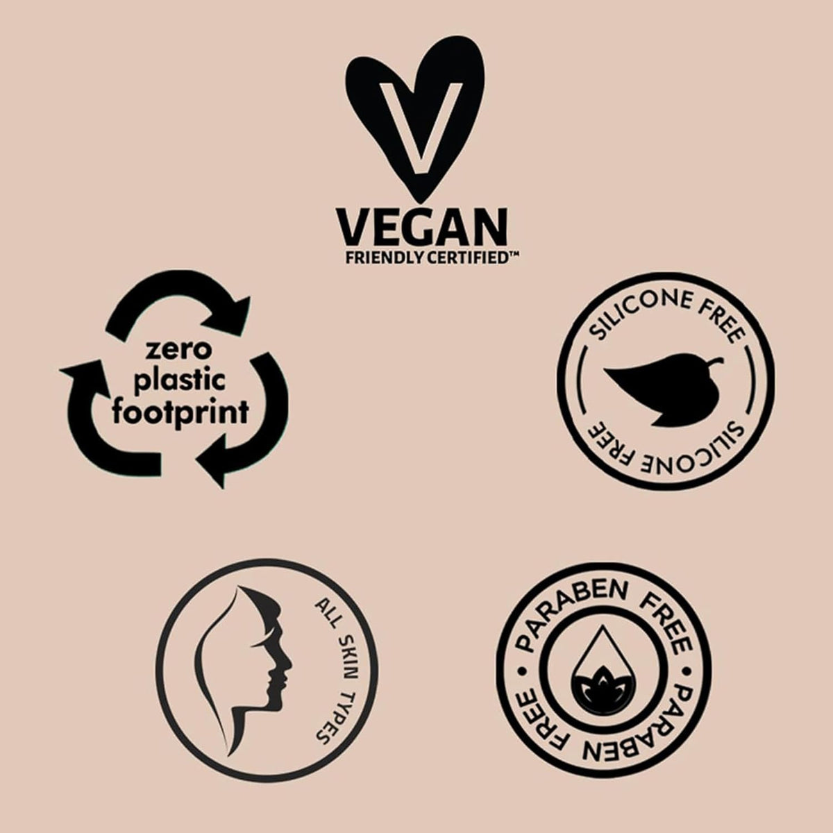 Set of black and white certification logos on a light gray background