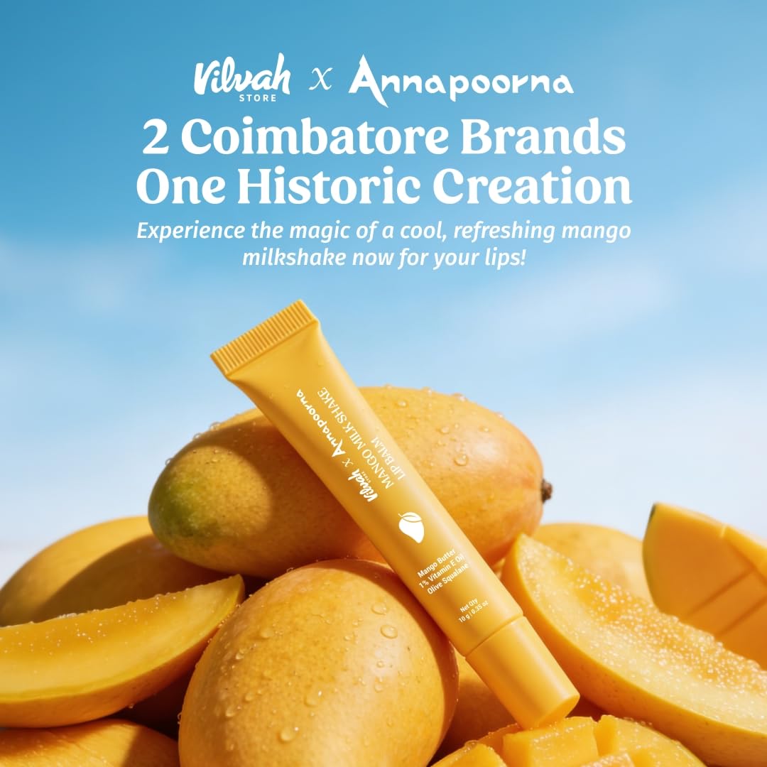 Vilvah Mango Milkshake Lip Balm | Infused with Alphonso Mango Pulp | Soothes Dry Lips & Locks in Moisture | Soft Reddish-Orange Tint with Mango Butter, Coconut Milk & Olive Squalane | 10g