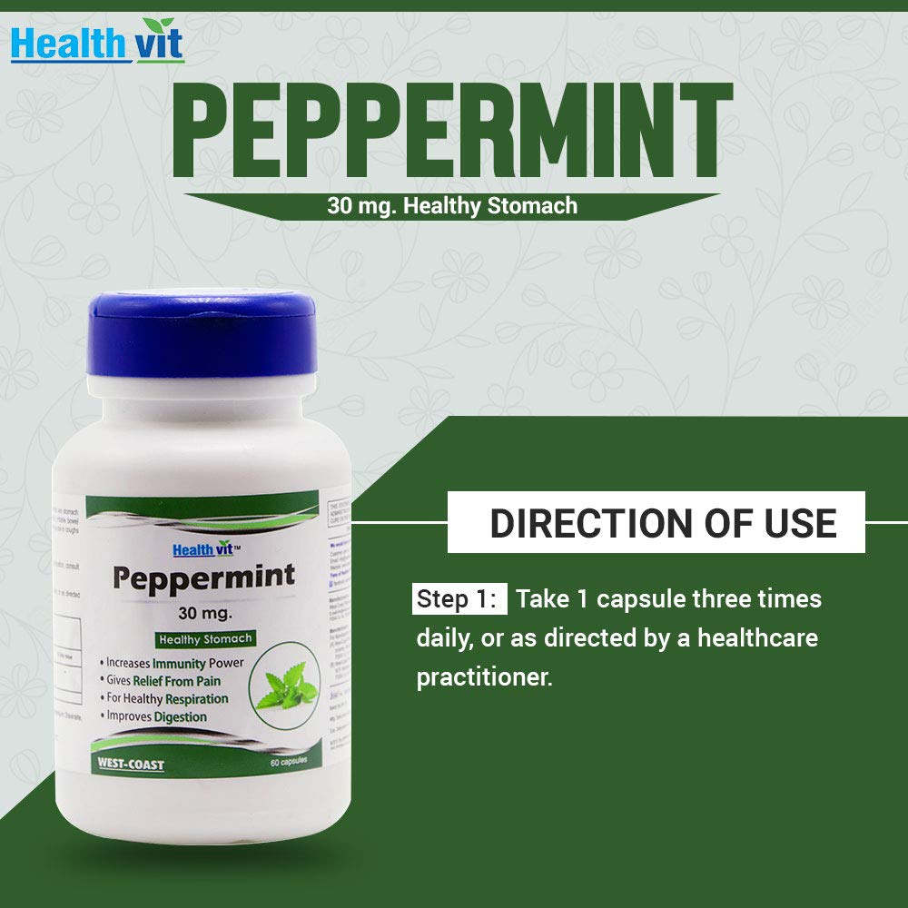 Health vit peppermint supplement bottle with directions on a green and white background
