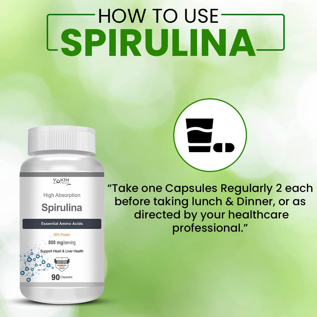 Vokin Biotech Spirulina- Support Heart Health and Liver Health -800mg (90 Capsules)