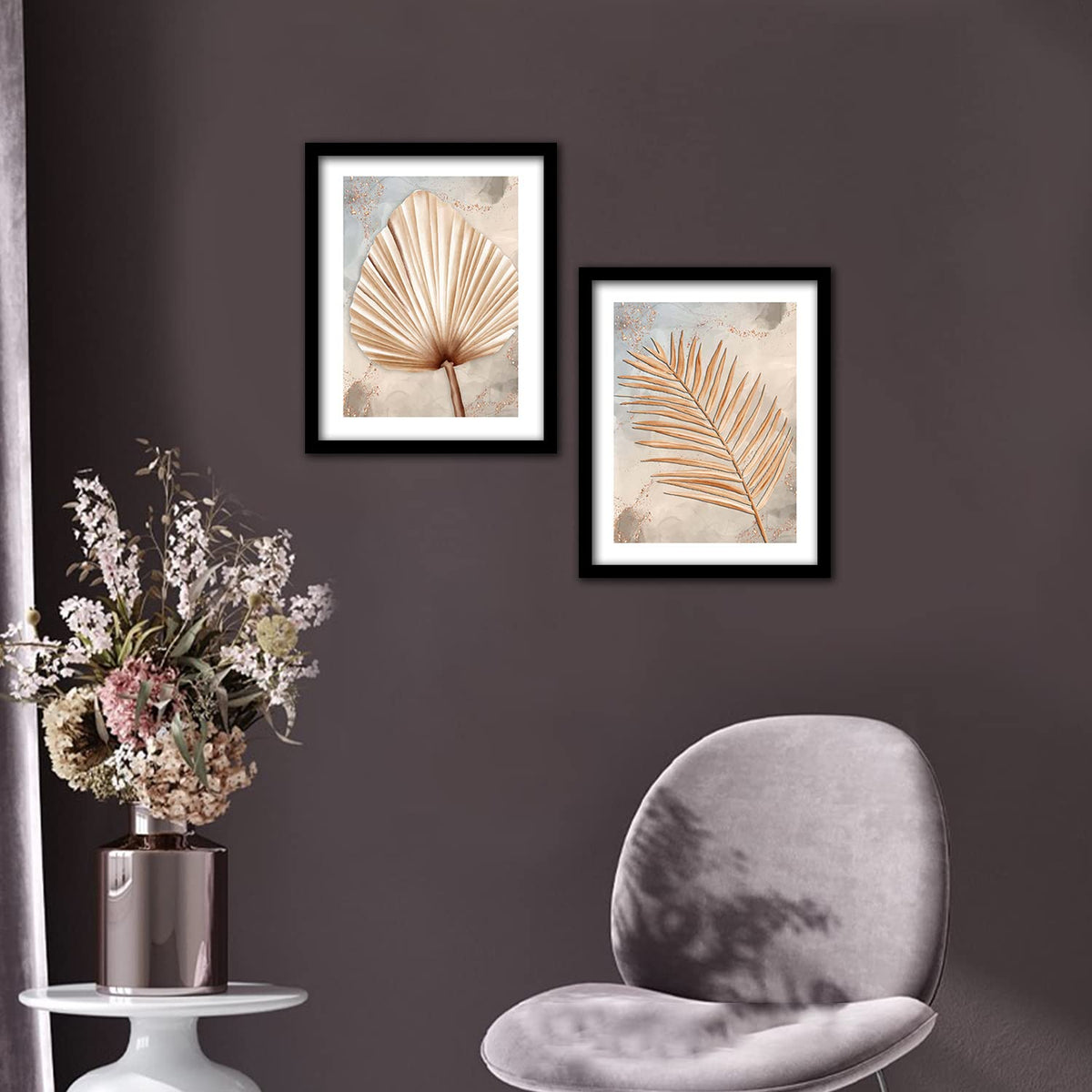 Golden Leaf Wall Decor Paintings for Home Office Living Room - Modern Art Wall Paintings with Frame Set of 2 (Art 5, 10x13 inch)