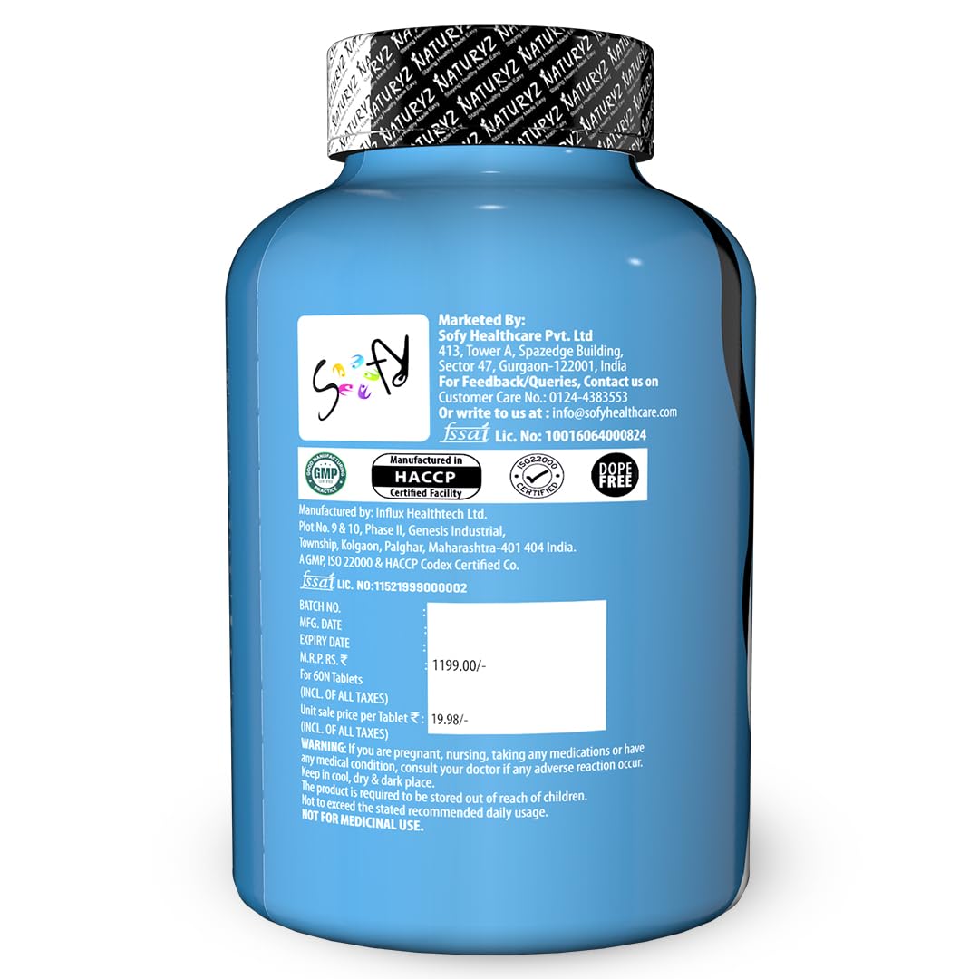 Blue supplement bottle with label on a white background