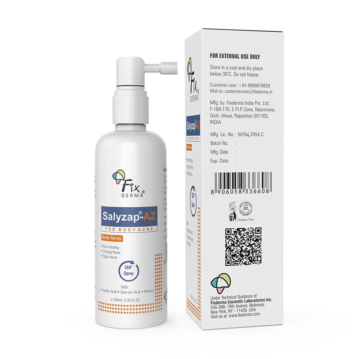 Fixderma Salyzap-Az 2% Salicylic Acid + 2% Azelaic Acid Body Acne Treatment Unscented Spray For Acne On Body Parts Like Back, Upper Arms | Paraben Free | Unclog Pores - 100ml
