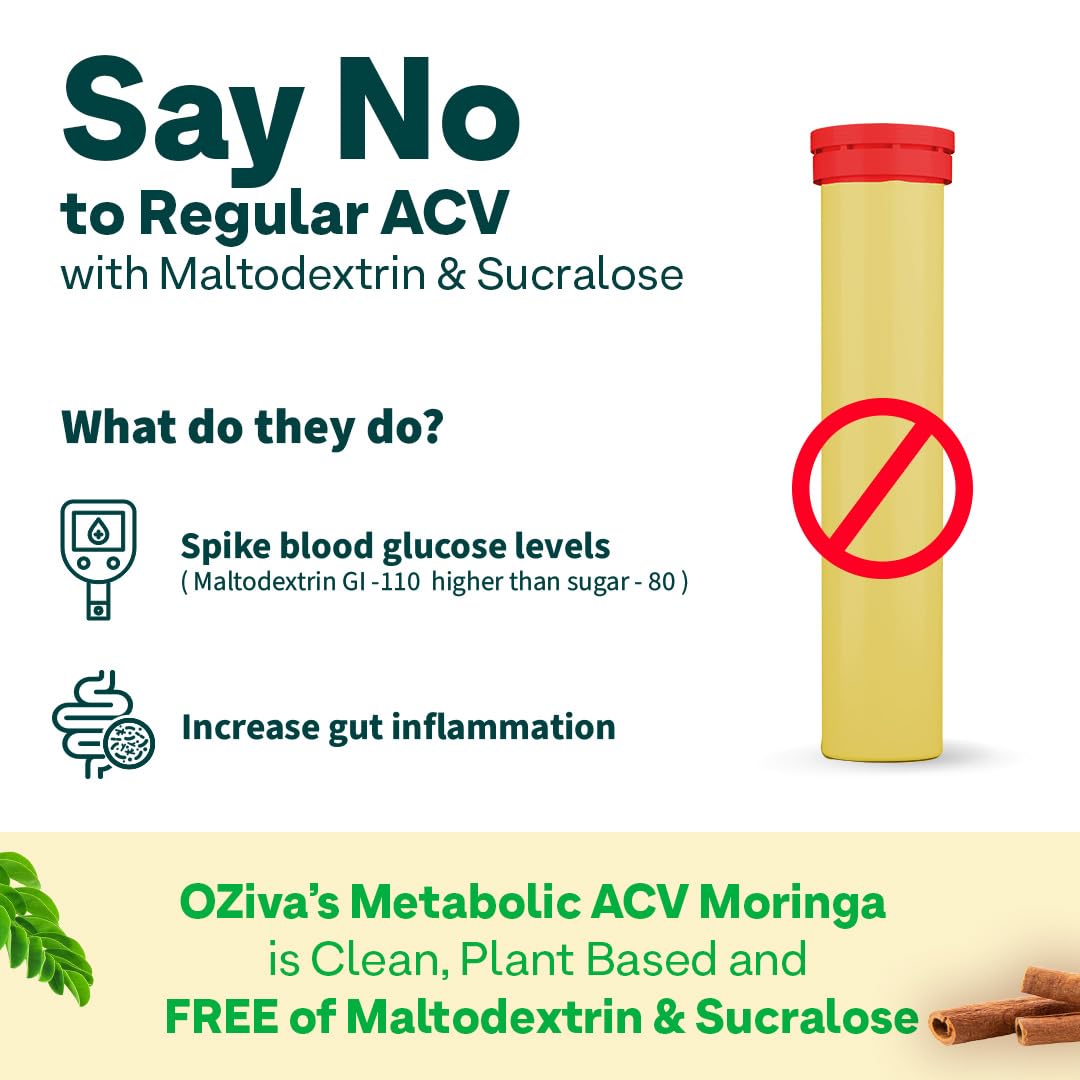 OZiva ACV Moringa | Control Cravings I Apple Cider Vinegar, Cinnamon I No Maltodextrin & No Added Sugar I 15 Effervescent Lemon Masala & Green Apple, Pack of 2 (30 Tablets)
