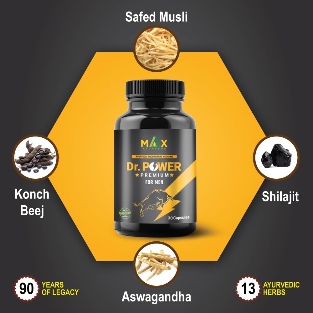 Max Ayurveda Dr Power Premium Capsules and King Power Massage Oil For Men (30 Capsules + 20ml Oil Bottle) Combo Pack
