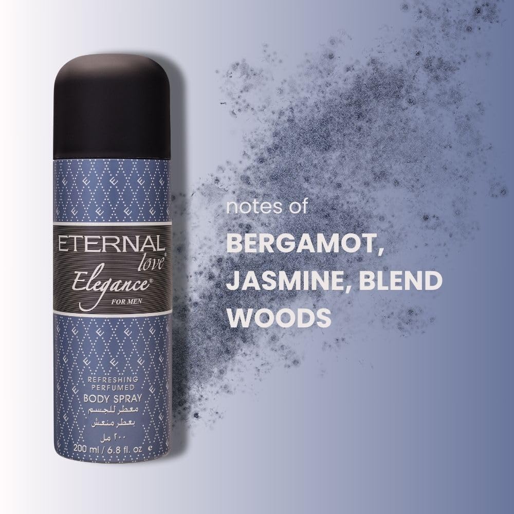 Body spray bottle with product details on a light gray background