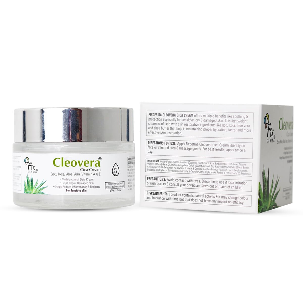 Fixderma Cleovera Cica Cream for Face with Gotu Kola, Aloevera, Vitamin A & E | Damage Skin Repair Face Cream | Suitable for Sensitive, Dry & Damaged Skin - 50g
