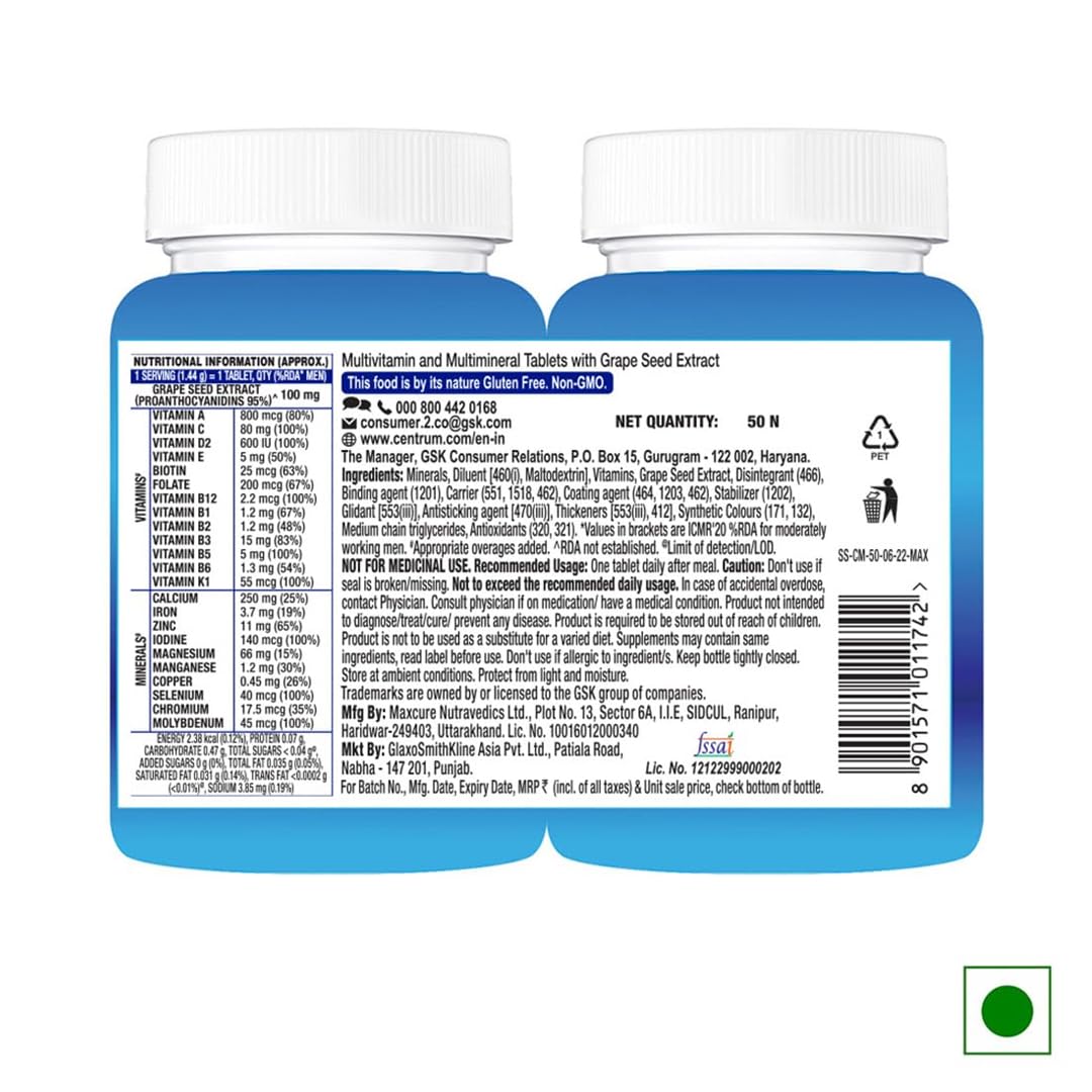 Two blue supplement bottles with white labels on a white background
