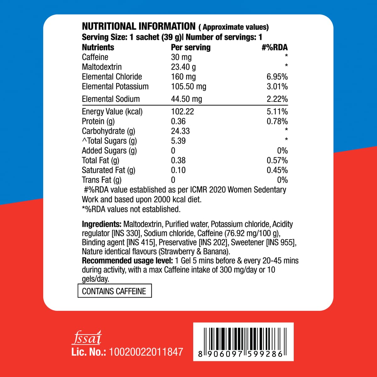 Fast&Up Energy Gel- Strawberry Banana flavour (Caffeinated) - Pack of 6 Gel Sachets, 39g per sachet- For Instant energy boost, Improved endurance and performance