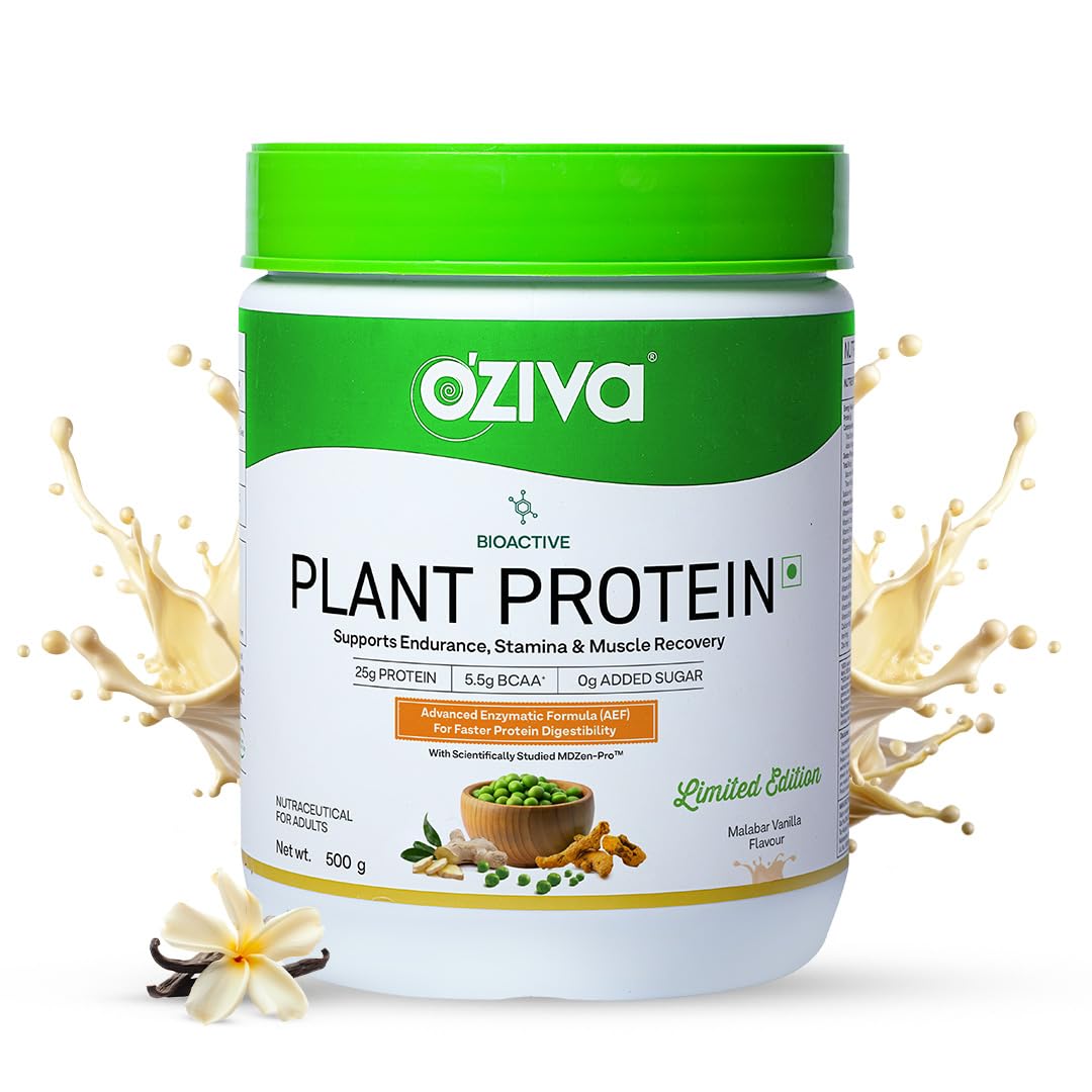 OZiva Bioactive Plant Protein | 25g Protein,5.5 BCAA| Pea Isolate| Plant based Protein Powder for Women & Men | Essential Amino Acids| Protein supplement, Clean, Sugar free, 500g