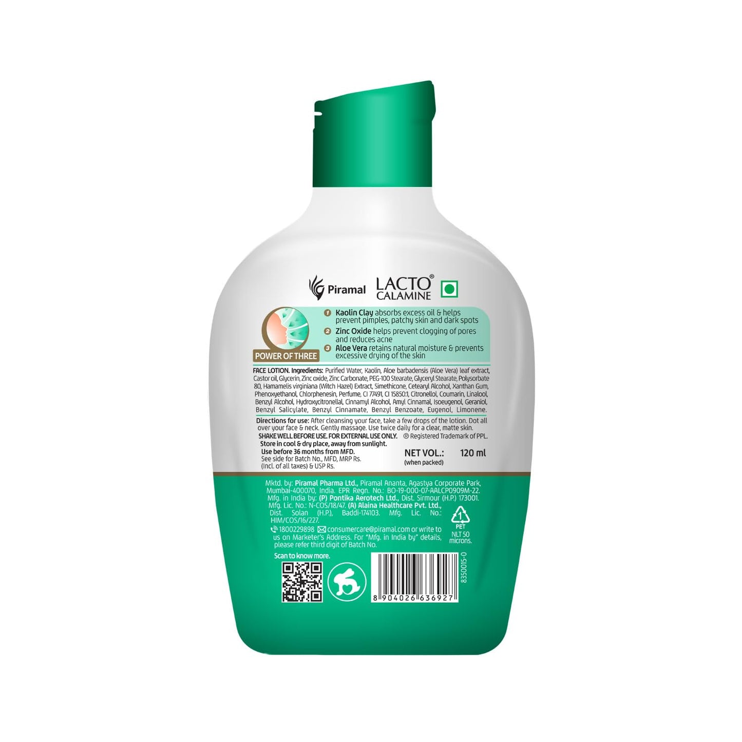 Lacto Calamine Face Lotion | 120ml | Daily Moisturizer For Face - Combination To Normal Skin | Kaolin Clay & Aloe Vera | Abosrbs Excess Oil | Fights Pimples, Darkspots & Blackheads | Body Lotion