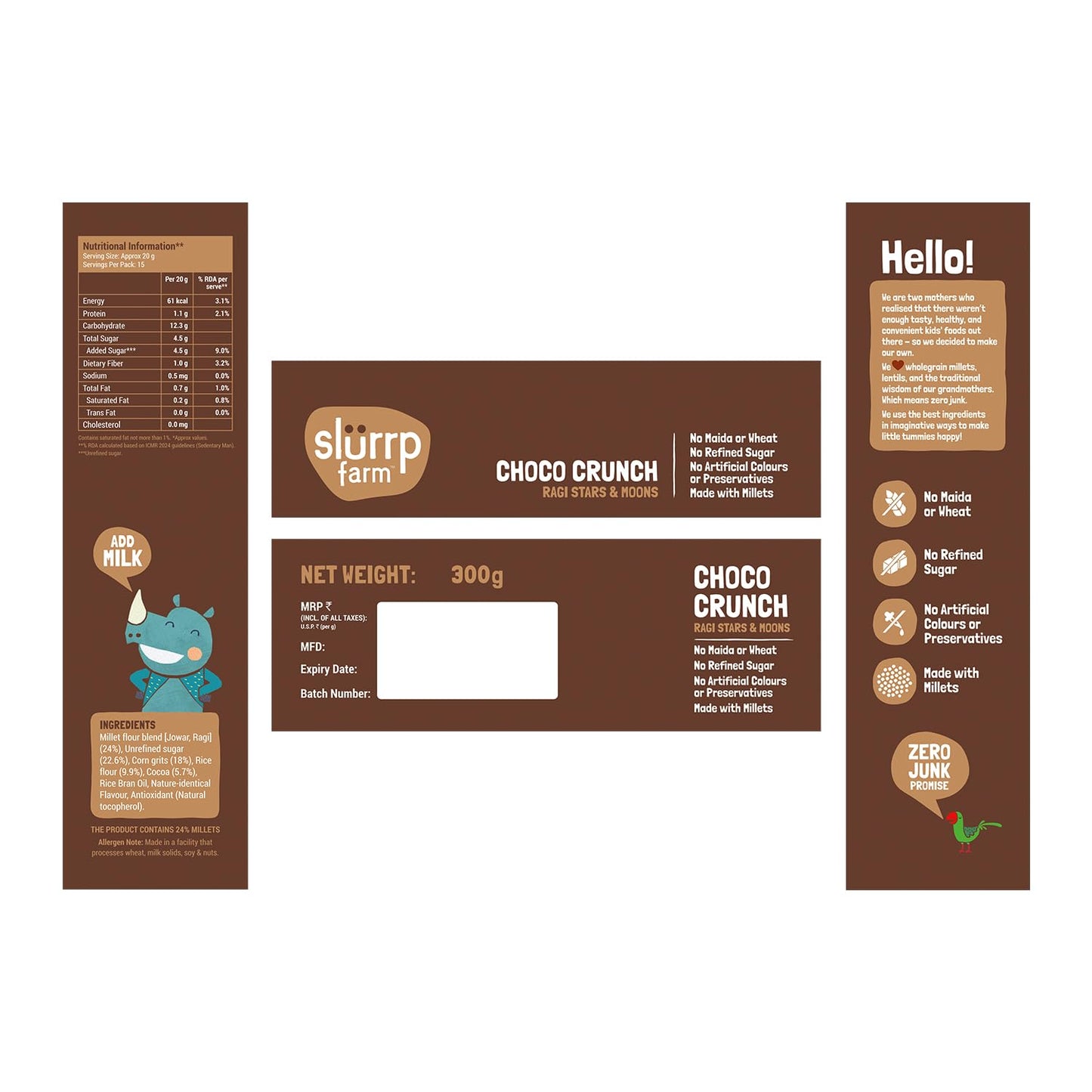 Slurrp Farm Choco Crunch Chocolate Cereal | No Maida, No Refined Sugar, No Added Colour | Ragi Stars and Moons | Healthy Breakfast for Kids | 300 g