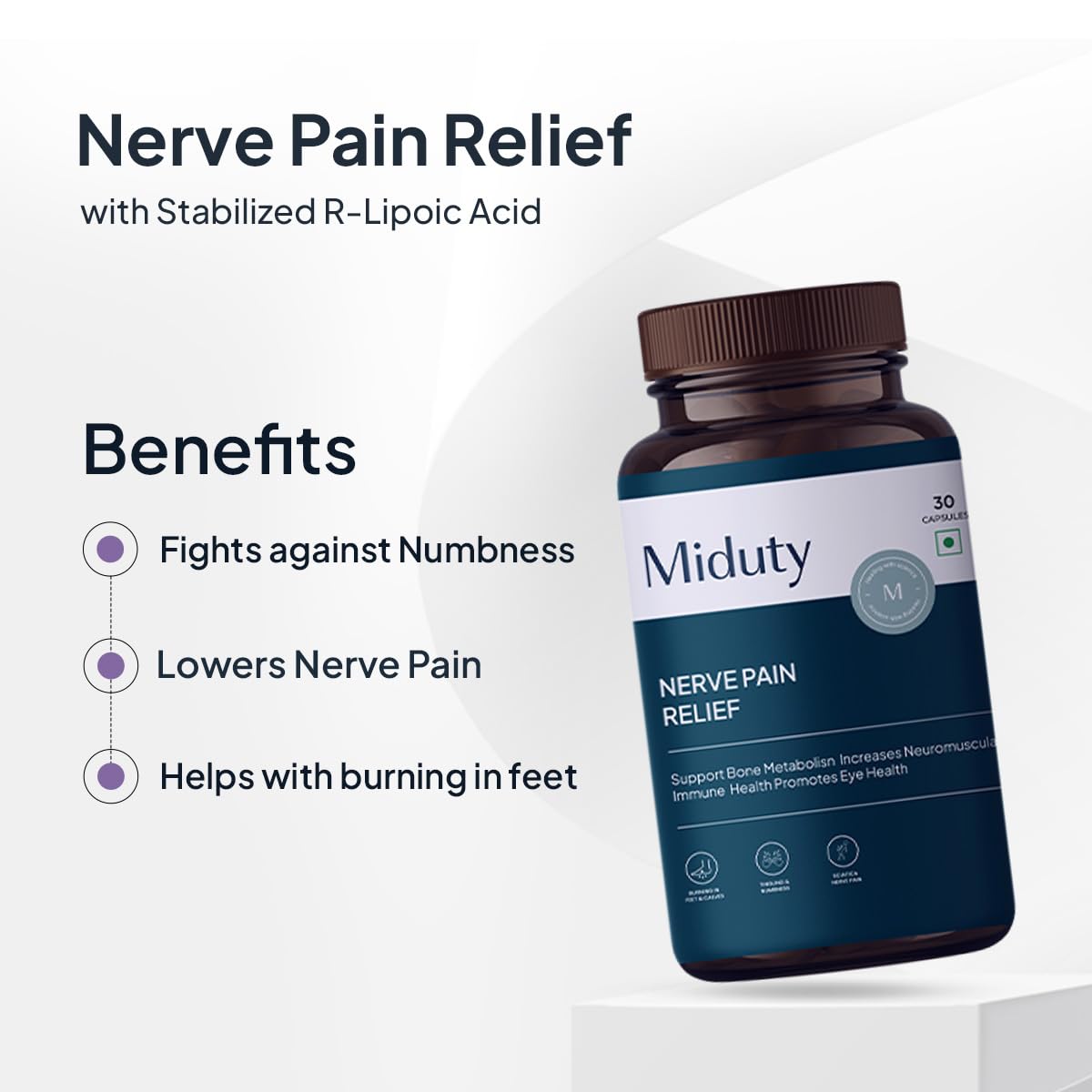 Zephivo Miduty by Palak Notes Nerve Pain Relief Nerve Damage for Nerve Blocks, Acetyl L-Carnitine, R-Lipoic Acid, Horse Chestnut, Combats Sciatica Pain & Tingling Sensation, Nerve Pain Relief Pack - 30 Caps