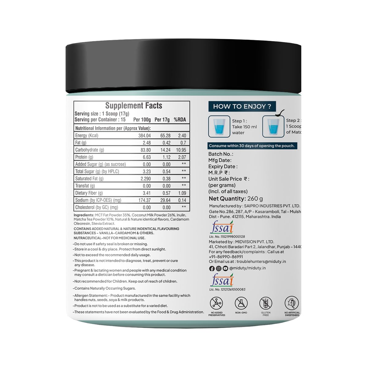 Zephivo Miduty by Palak Notes Matcha Tea - Detoxifying Drink, Fat Burner - Energy Booster, Weight Management - Promote Anti Aging & Gut Health, MCT Fat - L-Theanine With Coconut Milk - Vanilla flavour - 260g