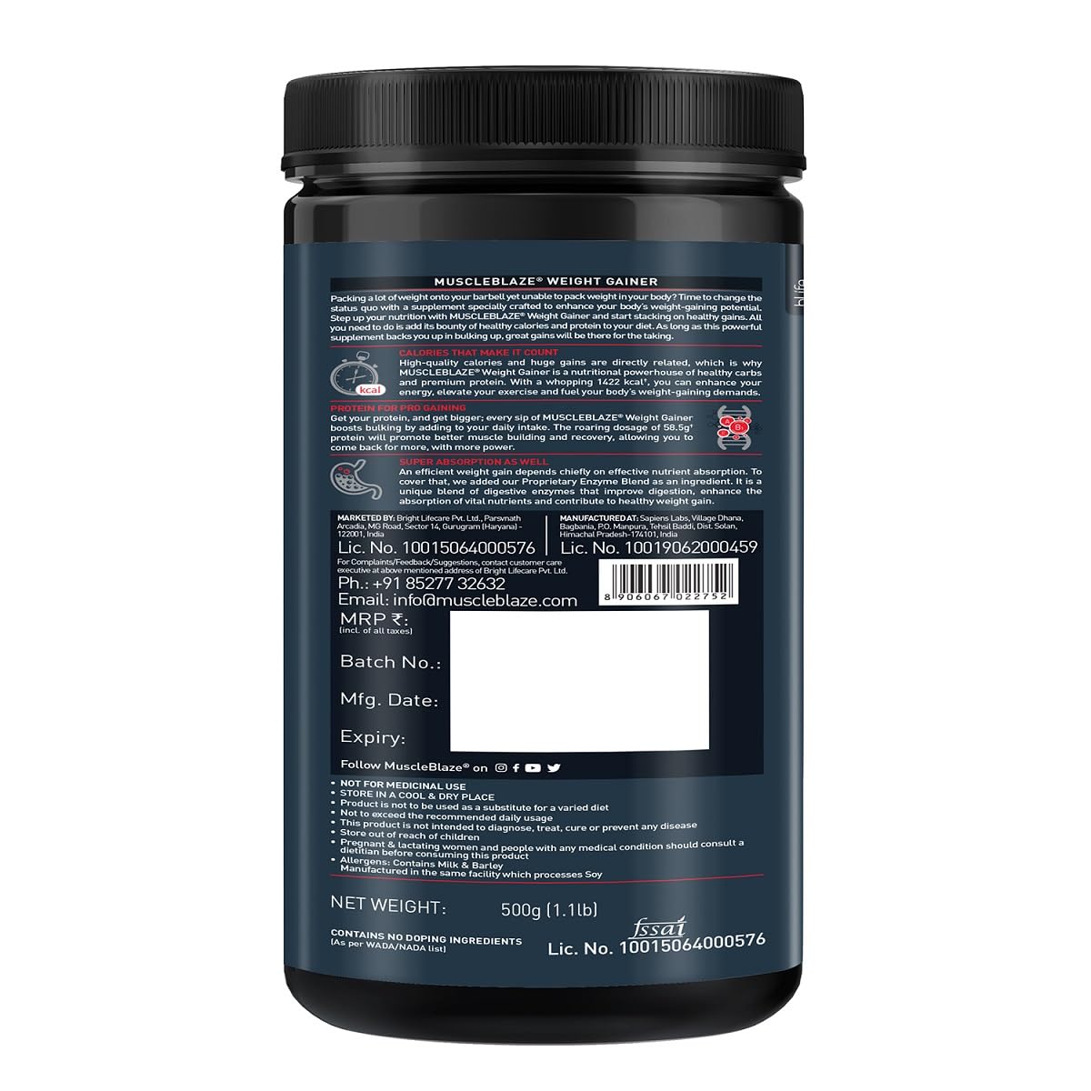 MuscleBlaze Weight Gainer with Added Digezyme (Chocolate, 500g / 1.1lbs, 5 Servings)