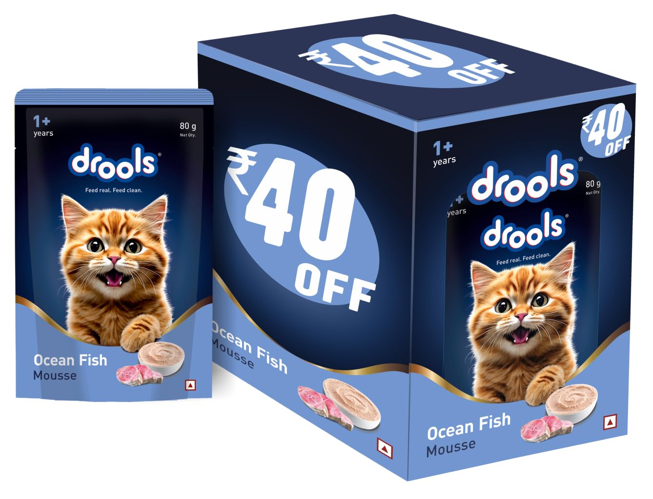Drools Adult Cat Wet Mousse 80g Pack of 5, 400g | Ocean Fish Flavour | Rich in Protein, Hydrating & Easy to Digest | No Artificial Flavours | with Essential Vitamins & Antioxidants