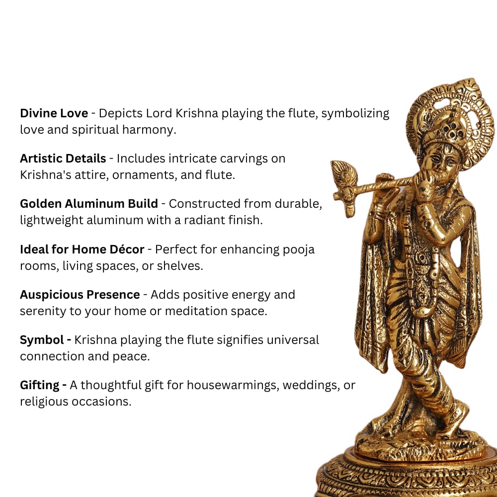 Gold Plated Lord Krishna Playing Flute Idol – Standing Pose Showpiece for Pooja, Mandir & Home Décor
