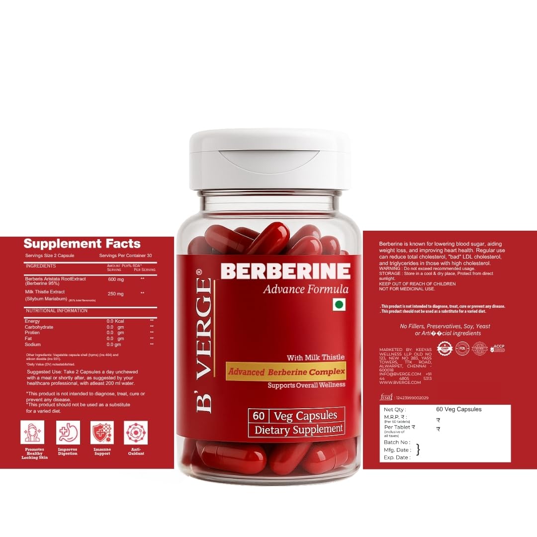 B’VERGE® Berberine Supplements 98% with Milk Thistle | Weight loss for Women & Men | Ultra Potent 600mg Supplement – Helps Maintain Healthy Blood Sugar, Cholesterol, and Supports PCOS Care (60 Capsules (Pack of 1))