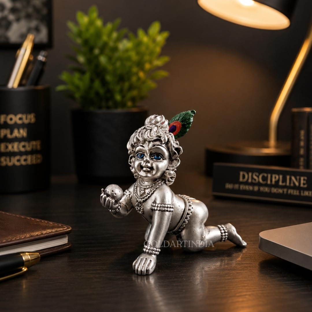 Gold Art India 999 Silver Plated Bal Krishna Idol (3.3 Inch) | Antique Matte Laddu Gopal Murti | Premium Peacock Green Velvet Gift Box | Krishna Idol for Home Temple, Office Decor & Spiritual Gifting