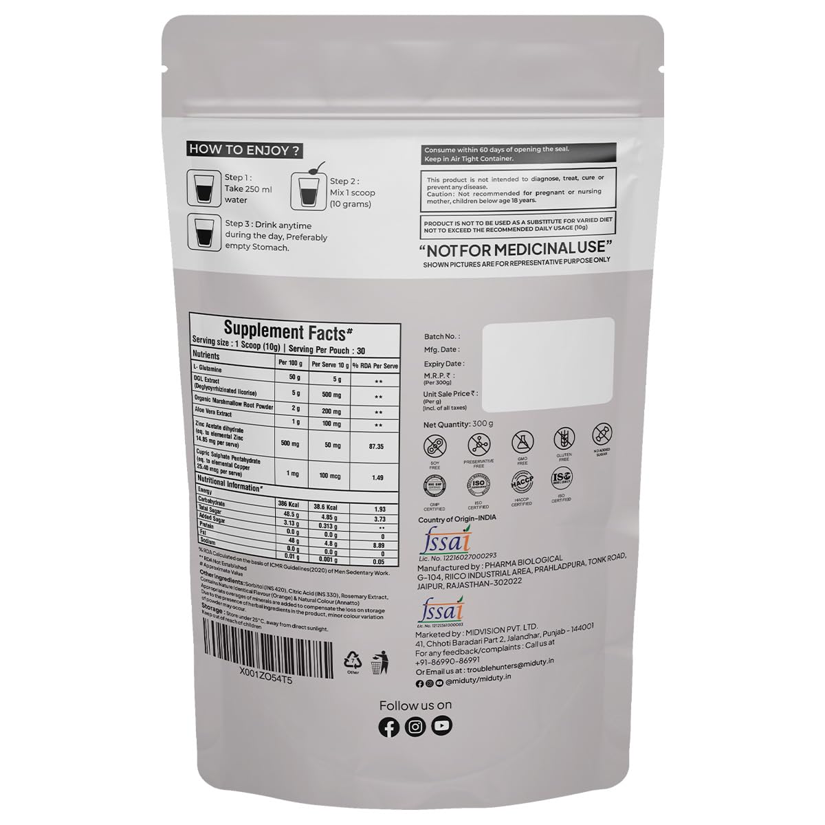 Zephivo Miduty by Palak Notes Leaky Gut Powder - Supports Gastrointestinal lining, Leaky Gut - Helps In Constipation And Heartburn - Advanced Formula with L Glutamine and Aloe Vera Extract - 300 Grams