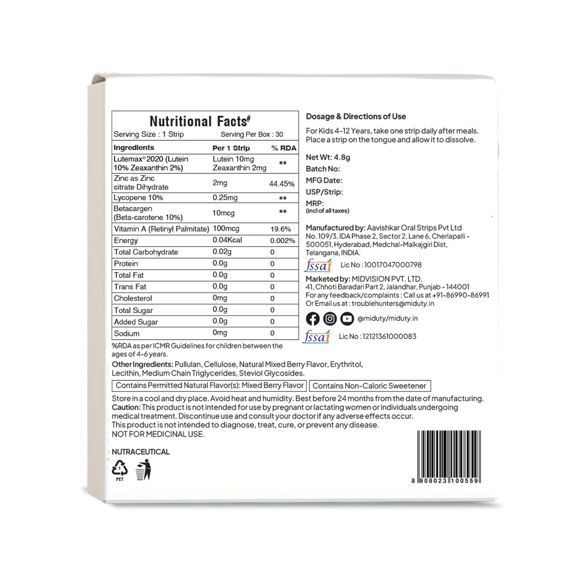 Zephivo Miduty Kids Vision Improvement Strips- Lutemax 2020- Lutein- Zeaxanthin-Astaxanthin- Beta Carotene- Eye Care- Improve Eyesight- Reduce Eye strain - Support Clear Vision- 30 strips