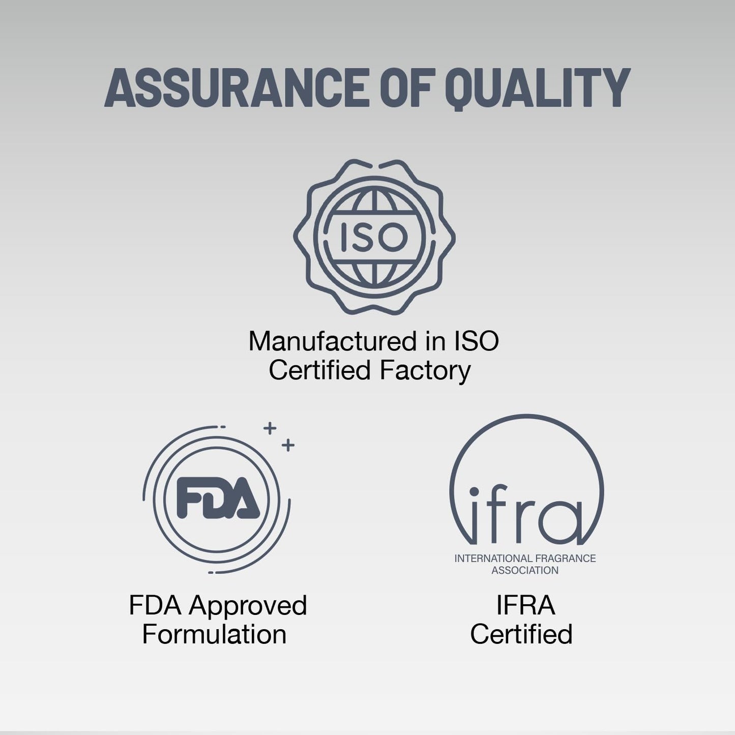 Quality assurance logos including ISO, FDA, and IFRA on a gray background